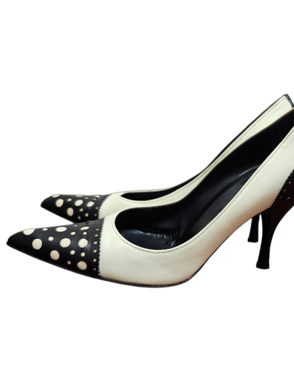 Sergio Rossi Polka Dot Heels Pumps Black White Leather Pointed Toe EU 39 Italy - Picture 8 of 13